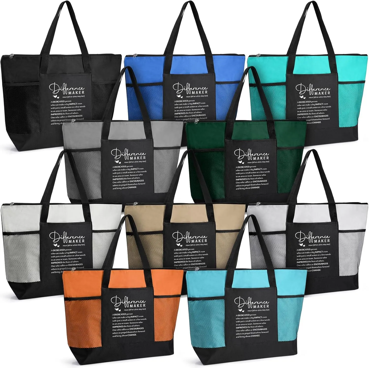 10 Pcs Team Appreciation Tote Bags with Mesh Pocket for Women Employee Appreciation Staff Gifts for Nurse Teacher(Classic Colors,Difference Maker)