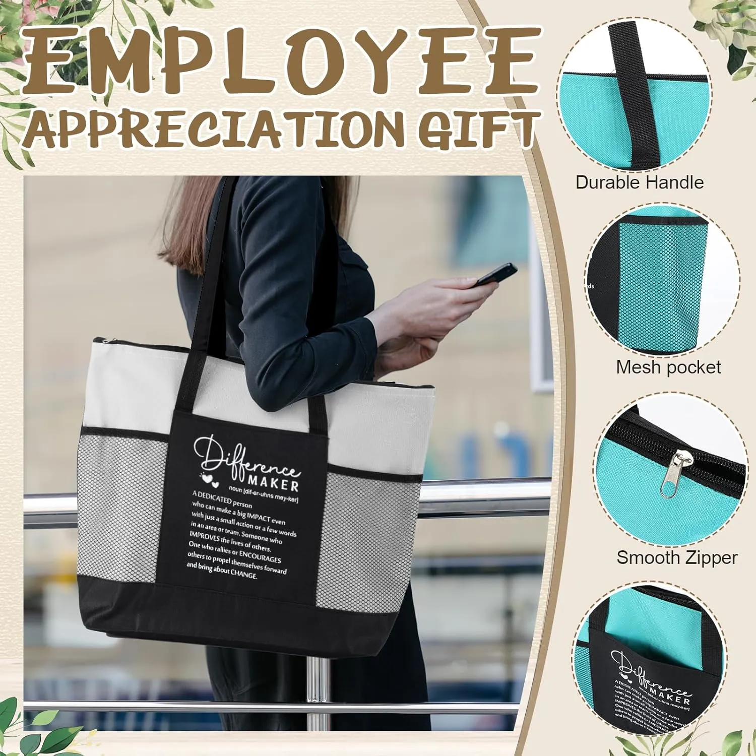 10 Pcs Team Appreciation Tote Bags with Mesh Pocket for Women Employee Appreciation Staff Gifts for Nurse Teacher(Classic Colors,Difference Maker)