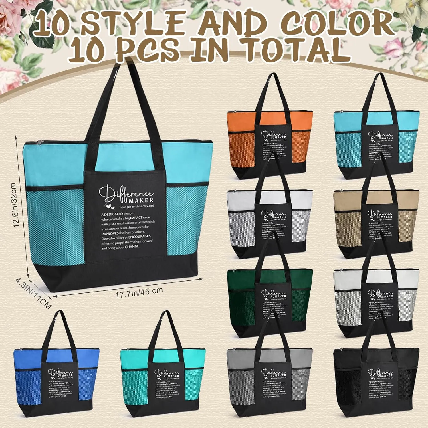 10 Pcs Team Appreciation Tote Bags with Mesh Pocket for Women Employee Appreciation Staff Gifts for Nurse Teacher(Classic Colors,Difference Maker)