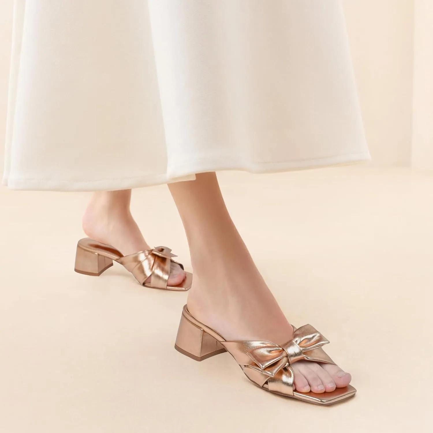 Adrizzlein Mules for Women Heels Bow Heels Mules Square Open Toe Chunky low Heel Sandals Slip On Summer Slides Dress Shoes