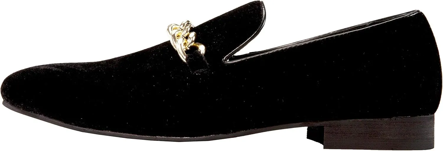 Amali Fay Velvet Men’s Slip-On Shoes with Gold Chain Ornament Dress Shoes for Men Velvet Formal Loafers for Men The Original Smoking Men Tuxedo Dress Shoes