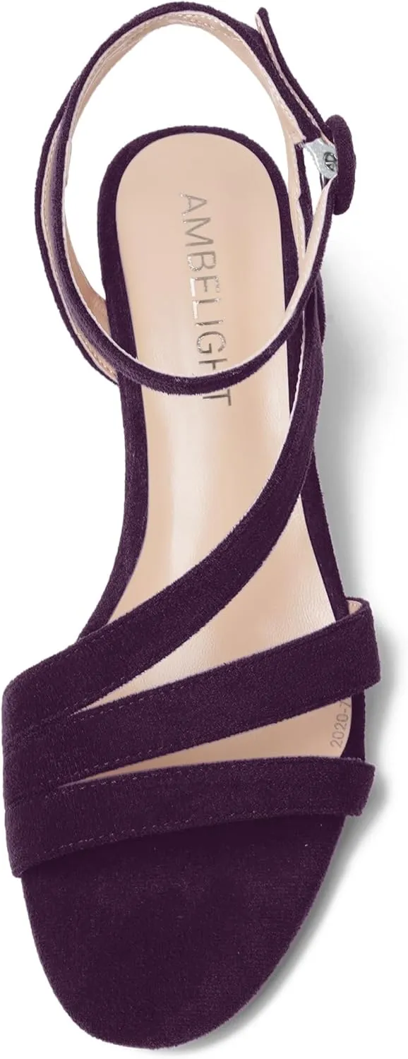 AMBELIGHT Womens Sexy Office Solid Buckle Round Toe Suede Ankle Strap Kitten Low Heel Sandals 2 Inch