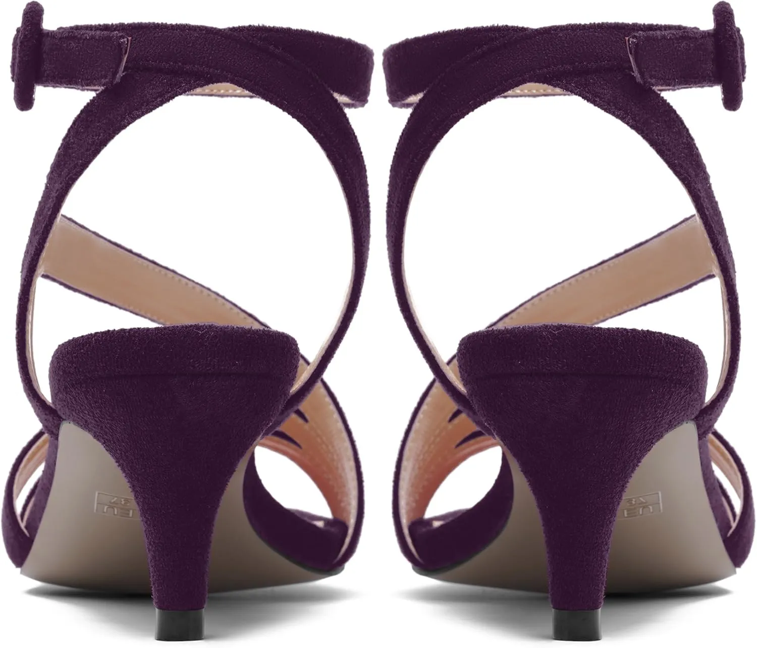 AMBELIGHT Womens Sexy Office Solid Buckle Round Toe Suede Ankle Strap Kitten Low Heel Sandals 2 Inch