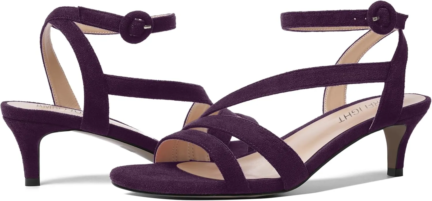 AMBELIGHT Womens Sexy Office Solid Buckle Round Toe Suede Ankle Strap Kitten Low Heel Sandals 2 Inch