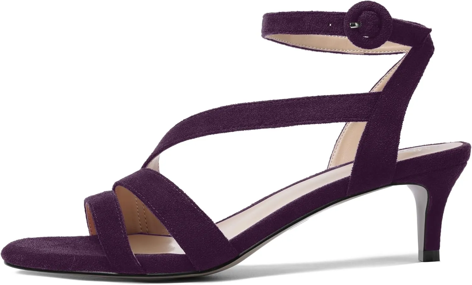 AMBELIGHT Womens Sexy Office Solid Buckle Round Toe Suede Ankle Strap Kitten Low Heel Sandals 2 Inch