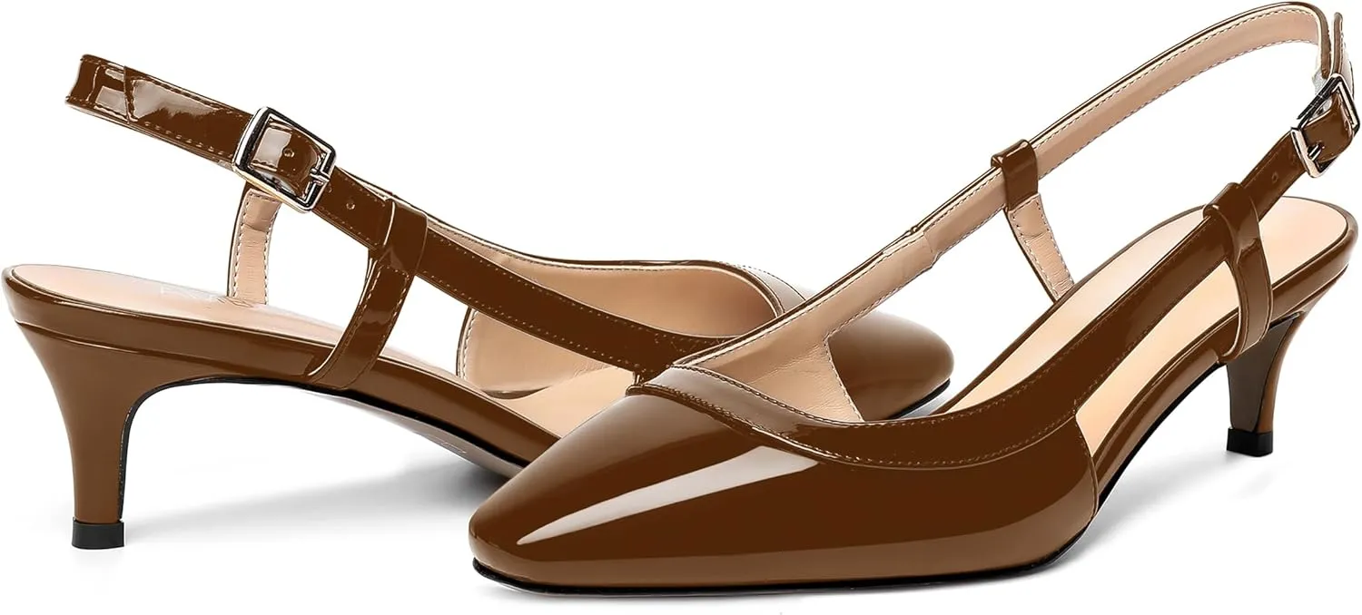 AMBELIGHT Womens Square Toe Evening Buckle Patent Sexy Slingback Kitten Low Heel Pumps Shoes 2 Inch