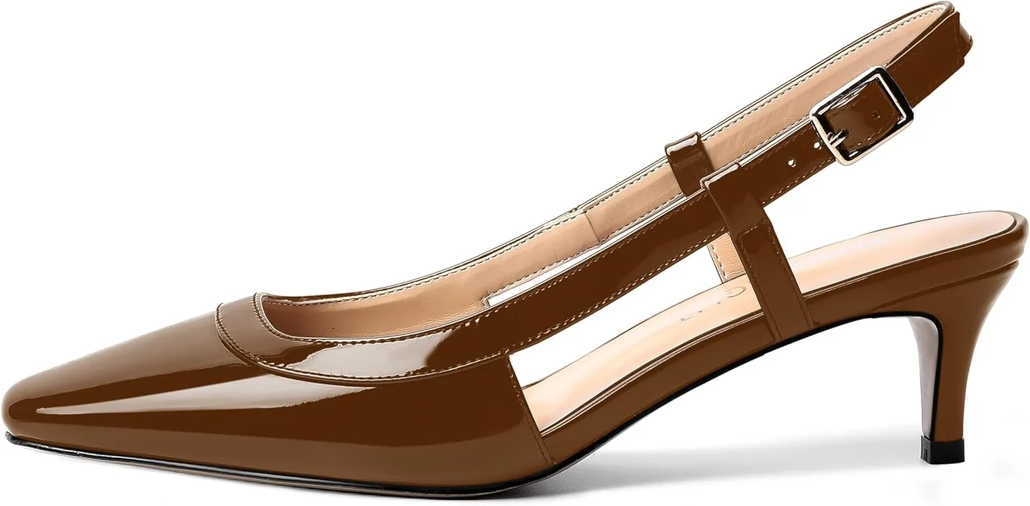 AMBELIGHT Womens Square Toe Evening Buckle Patent Sexy Slingback Kitten Low Heel Pumps Shoes 2 Inch