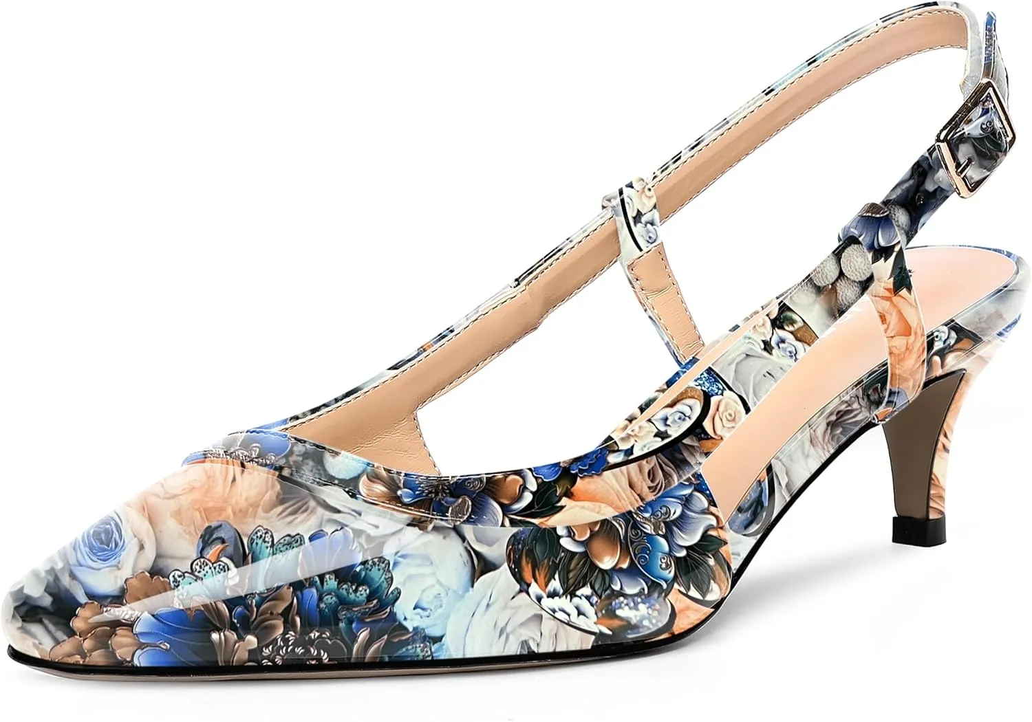 AMBELIGHT Womens Square Toe Evening Buckle Patent Sexy Slingback Kitten Low Heel Pumps Shoes 2 Inch