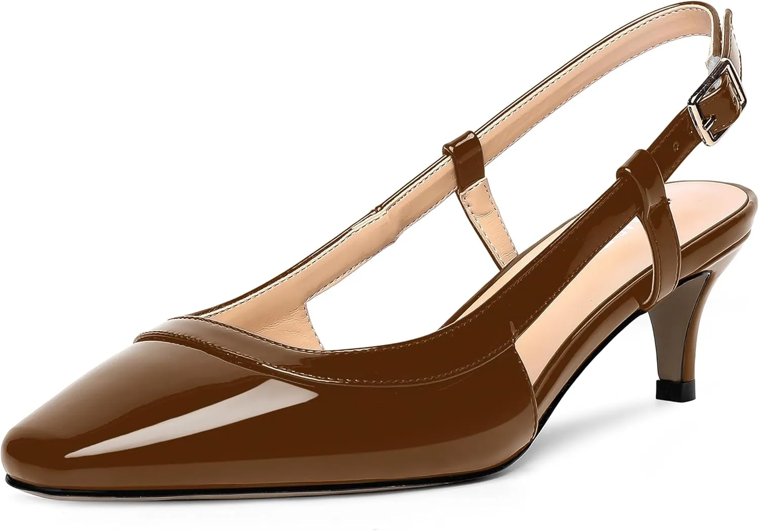 AMBELIGHT Womens Square Toe Evening Buckle Patent Sexy Slingback Kitten Low Heel Pumps Shoes 2 Inch