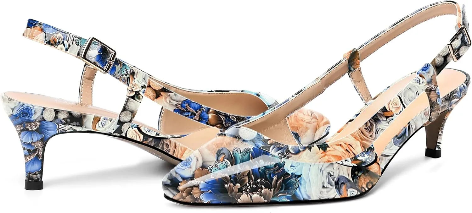 AMBELIGHT Womens Square Toe Evening Buckle Patent Sexy Slingback Kitten Low Heel Pumps Shoes 2 Inch