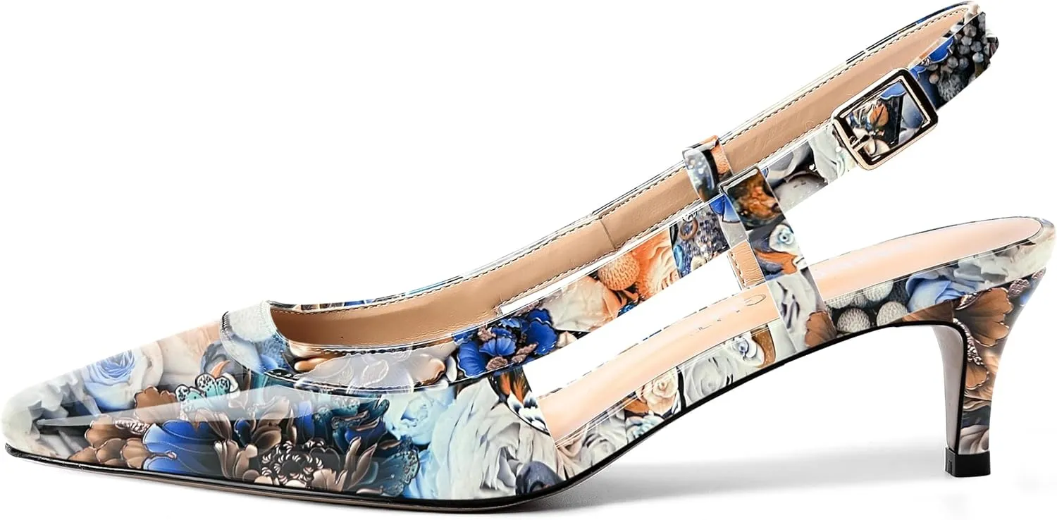 AMBELIGHT Womens Square Toe Evening Buckle Patent Sexy Slingback Kitten Low Heel Pumps Shoes 2 Inch