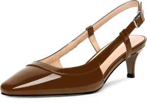 AMBELIGHT Womens Square Toe Evening Buckle Patent Sexy Slingback Kitten Low Heel Pumps Shoes 2 Inch