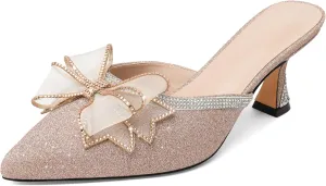 AUMOTED Women Kitten Heel Mules Rhinestone Bow Sandals Pointed Toe Heeled Mule Slip On Low Heels Slipper Glitter Mesh Wedding Bridal Shoes 2.5 Inch
