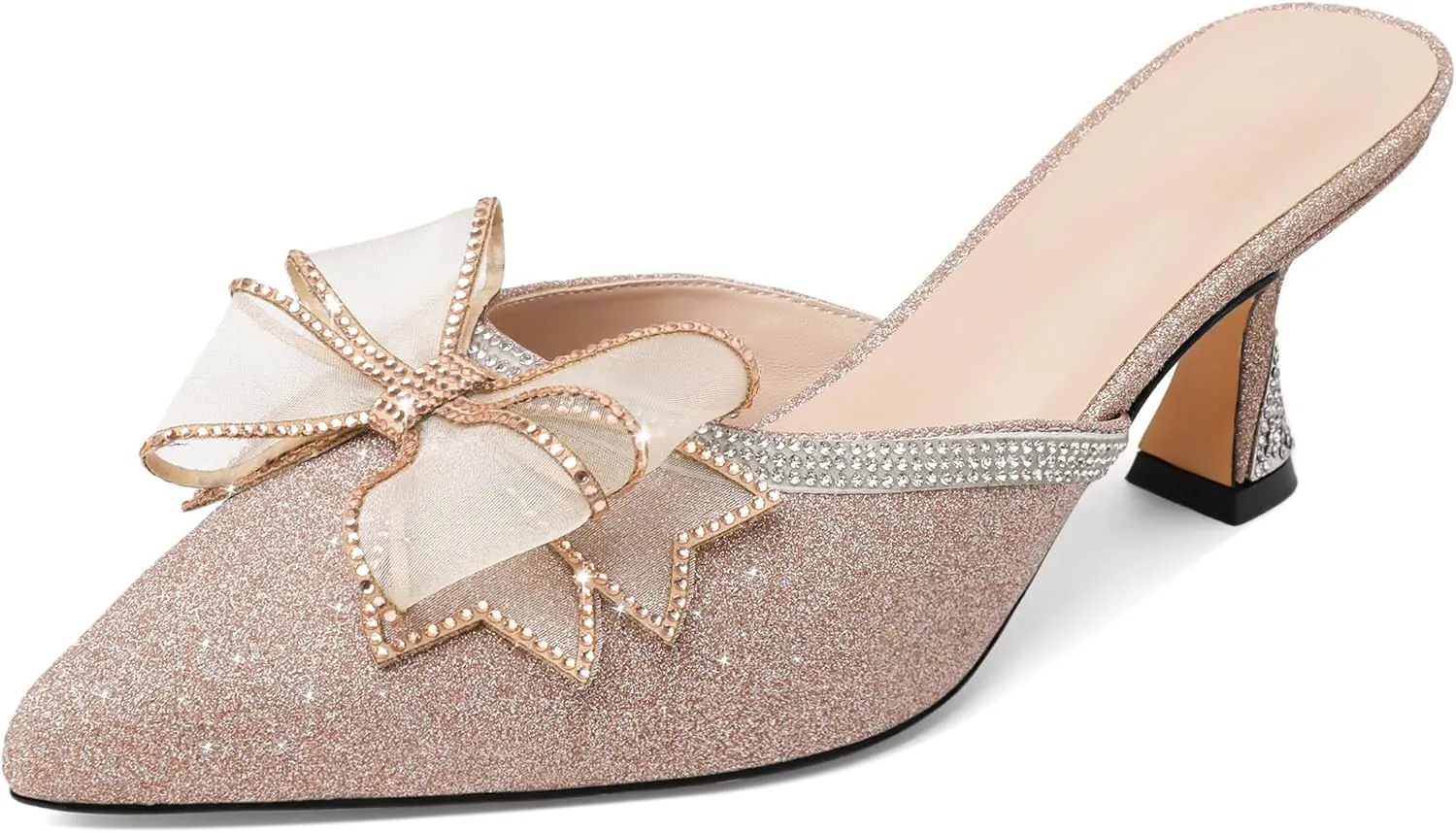 AUMOTED Women Kitten Heel Mules Rhinestone Bow Sandals Pointed Toe Heeled Mule Slip On Low Heels Slipper Glitter Mesh Wedding Bridal Shoes 2.5 Inch