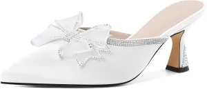 AUMOTED Women Kitten Heel Mules Rhinestone Bow Sandals Pointed Toe Heeled Mule Slip On Low Heels Slipper Glitter Mesh Wedding Bridal Shoes 2.5 Inch