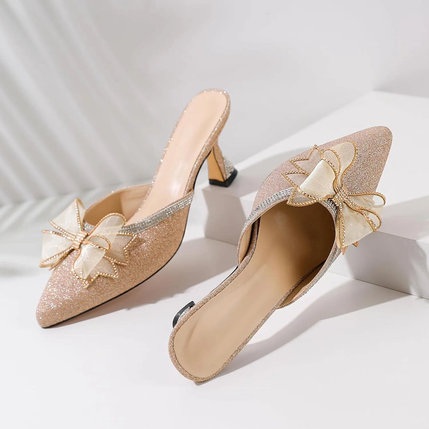 AUMOTED Women Kitten Heel Mules Rhinestone Bow Sandals Pointed Toe Heeled Mule Slip On Low Heels Slipper Glitter Mesh Wedding Bridal Shoes 2.5 Inch