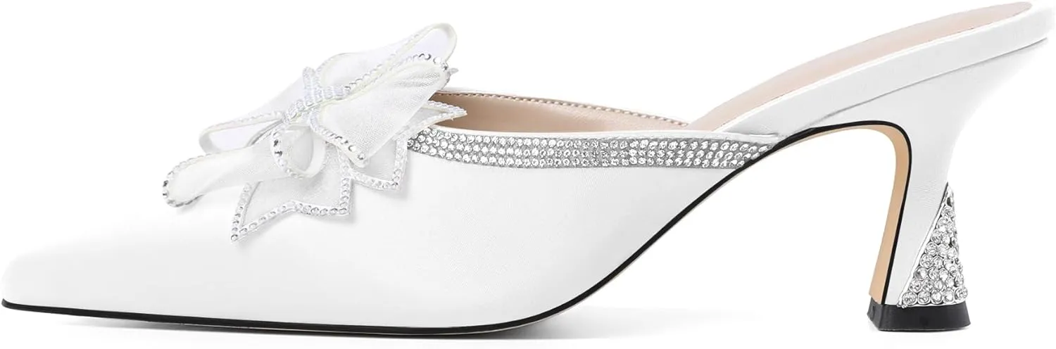 AUMOTED Women Kitten Heel Mules Rhinestone Bow Sandals Pointed Toe Heeled Mule Slip On Low Heels Slipper Glitter Mesh Wedding Bridal Shoes 2.5 Inch