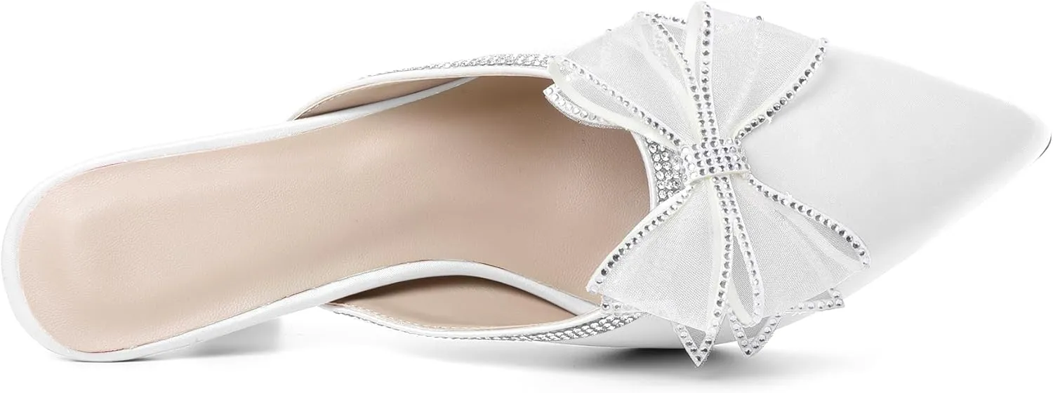 AUMOTED Women Kitten Heel Mules Rhinestone Bow Sandals Pointed Toe Heeled Mule Slip On Low Heels Slipper Glitter Mesh Wedding Bridal Shoes 2.5 Inch