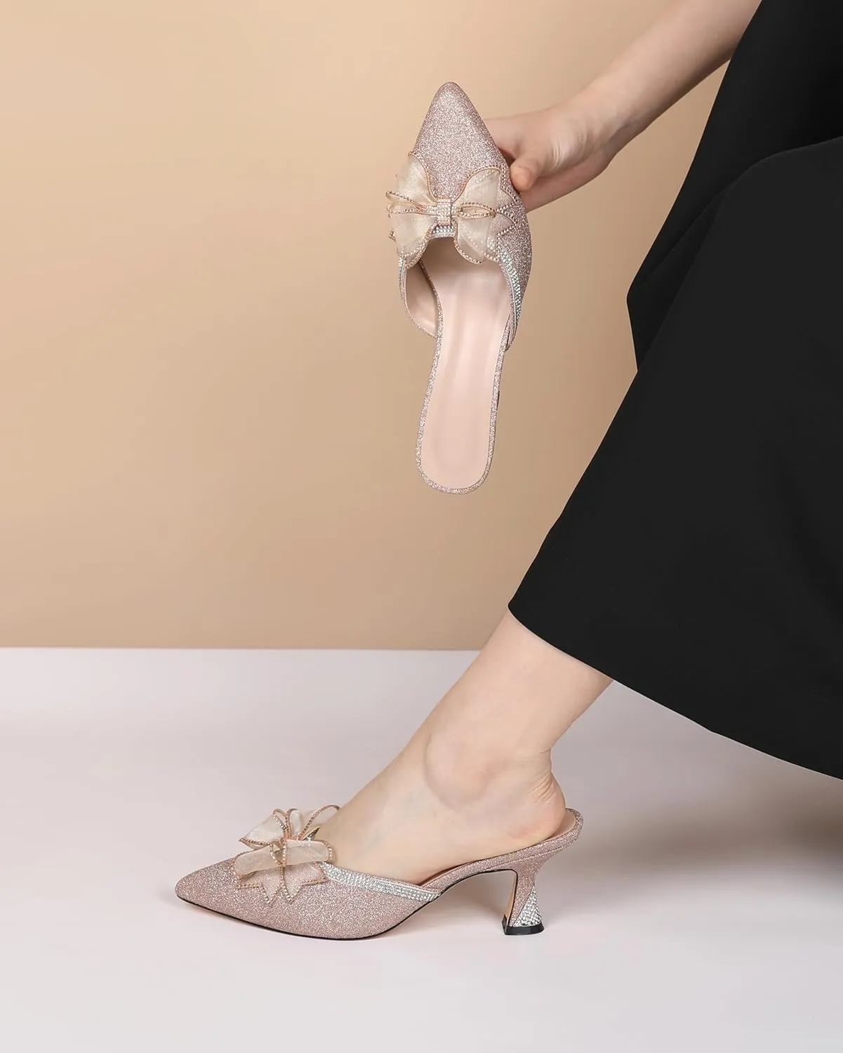 AUMOTED Women Kitten Heel Mules Rhinestone Bow Sandals Pointed Toe Heeled Mule Slip On Low Heels Slipper Glitter Mesh Wedding Bridal Shoes 2.5 Inch