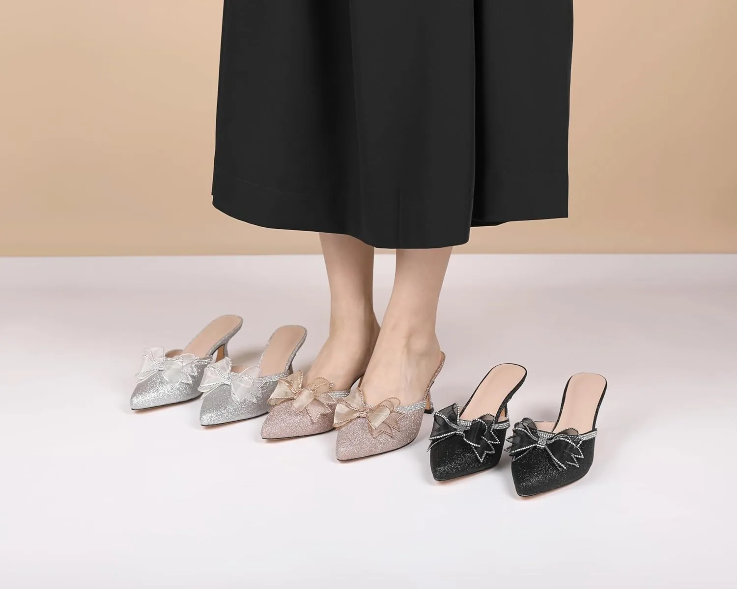 AUMOTED Women Kitten Heel Mules Rhinestone Bow Sandals Pointed Toe Heeled Mule Slip On Low Heels Slipper Glitter Mesh Wedding Bridal Shoes 2.5 Inch