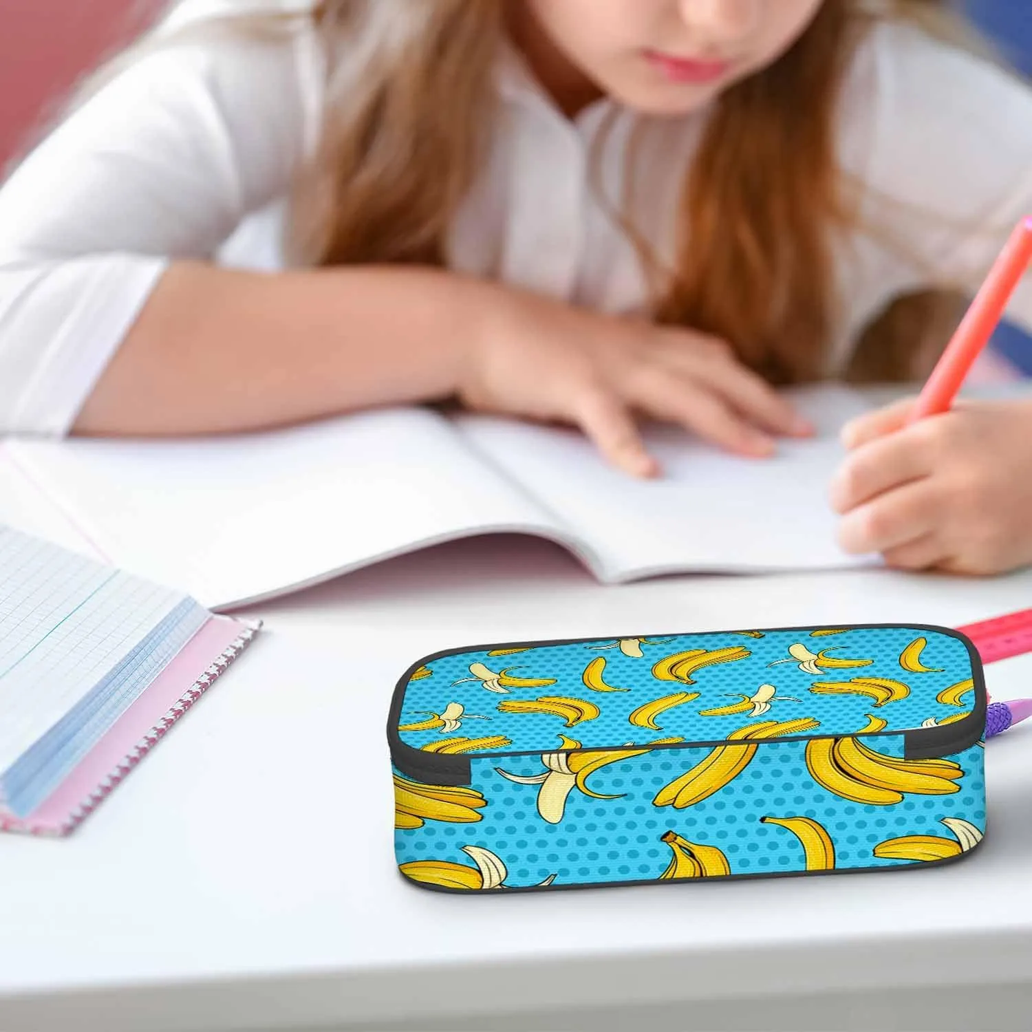 Banana Pencil Holder Bag Yellow Blue Dots Pencil Case College Office Organizer for Teens Adults