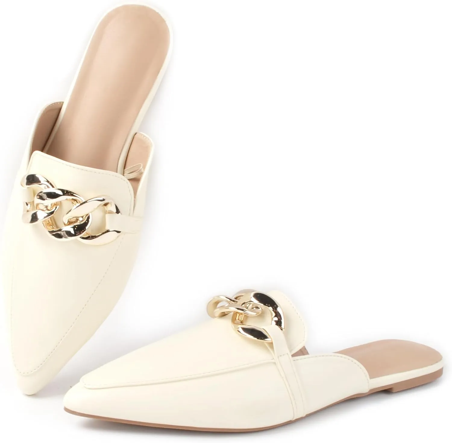 Baotou Half Slippers Women's 2024 Point Toe Metal Buck Flat Shoes Banquet Slippers Fashion Slippers Fashinable Chain Casual Office Lady Comfortable Muller Slippers Sandals