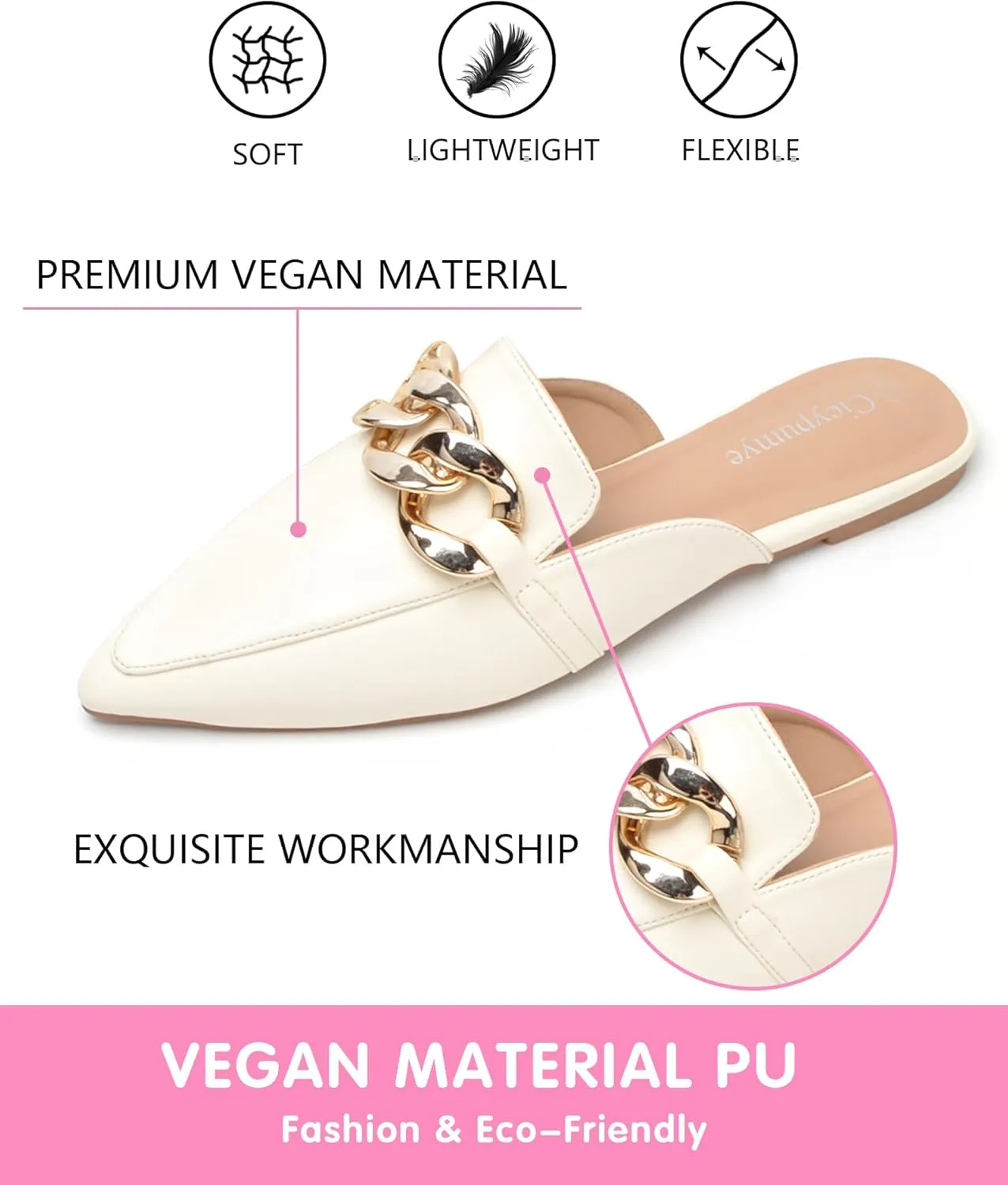Baotou Half Slippers Women's 2024 Point Toe Metal Buck Flat Shoes Banquet Slippers Fashion Slippers Fashinable Chain Casual Office Lady Comfortable Muller Slippers Sandals
