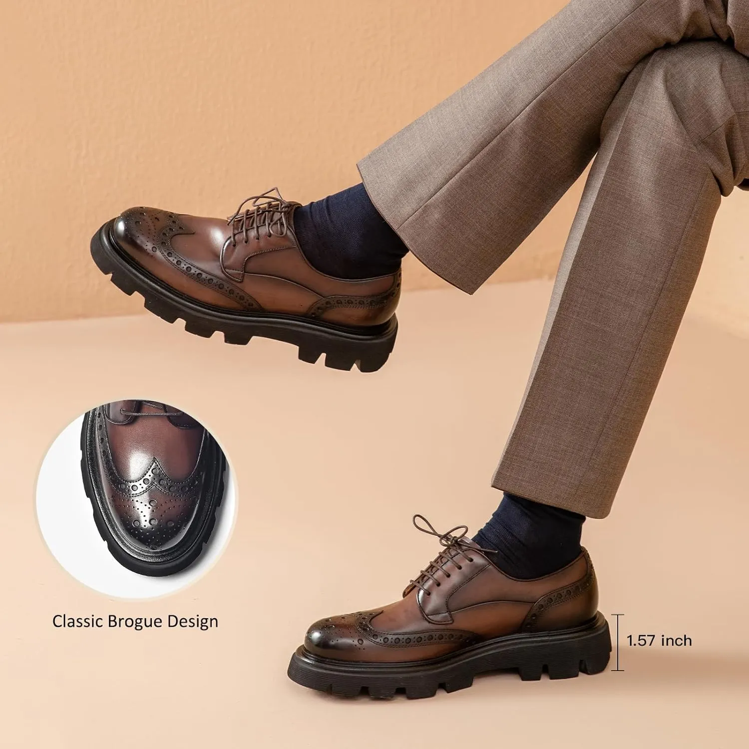 BEAU TODAY Men's Dress Shoes Business Casual Oxford Shoes Genuine Leather Brogue Wingtip Oxfords Classic Comfortable Lace-up Derby Shoes