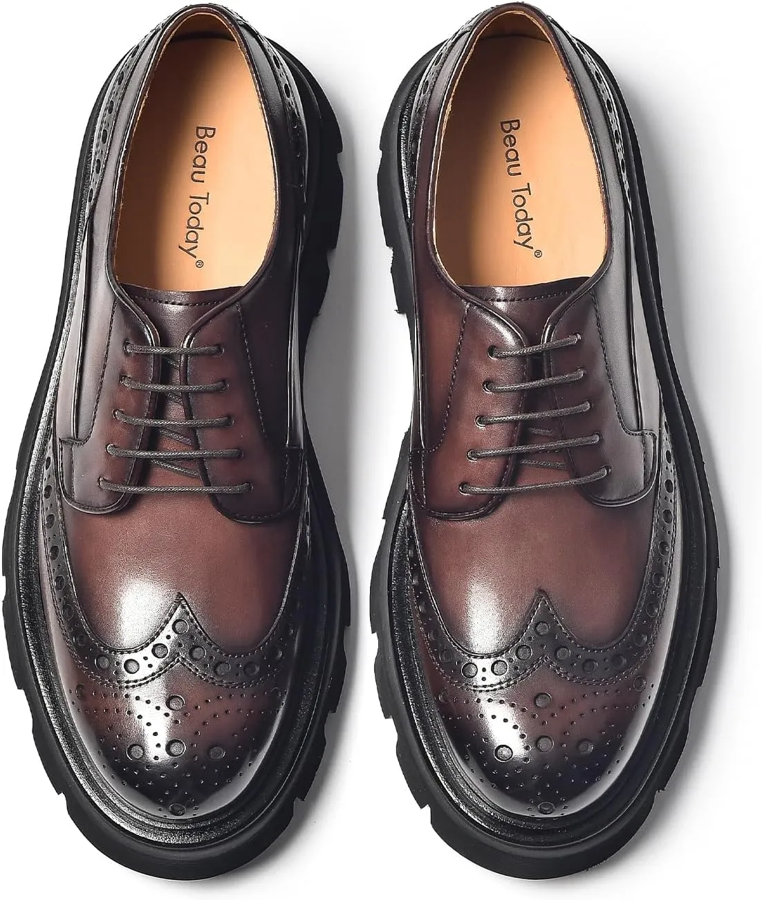 BEAU TODAY Men's Dress Shoes Business Casual Oxford Shoes Genuine Leather Brogue Wingtip Oxfords Classic Comfortable Lace-up Derby Shoes