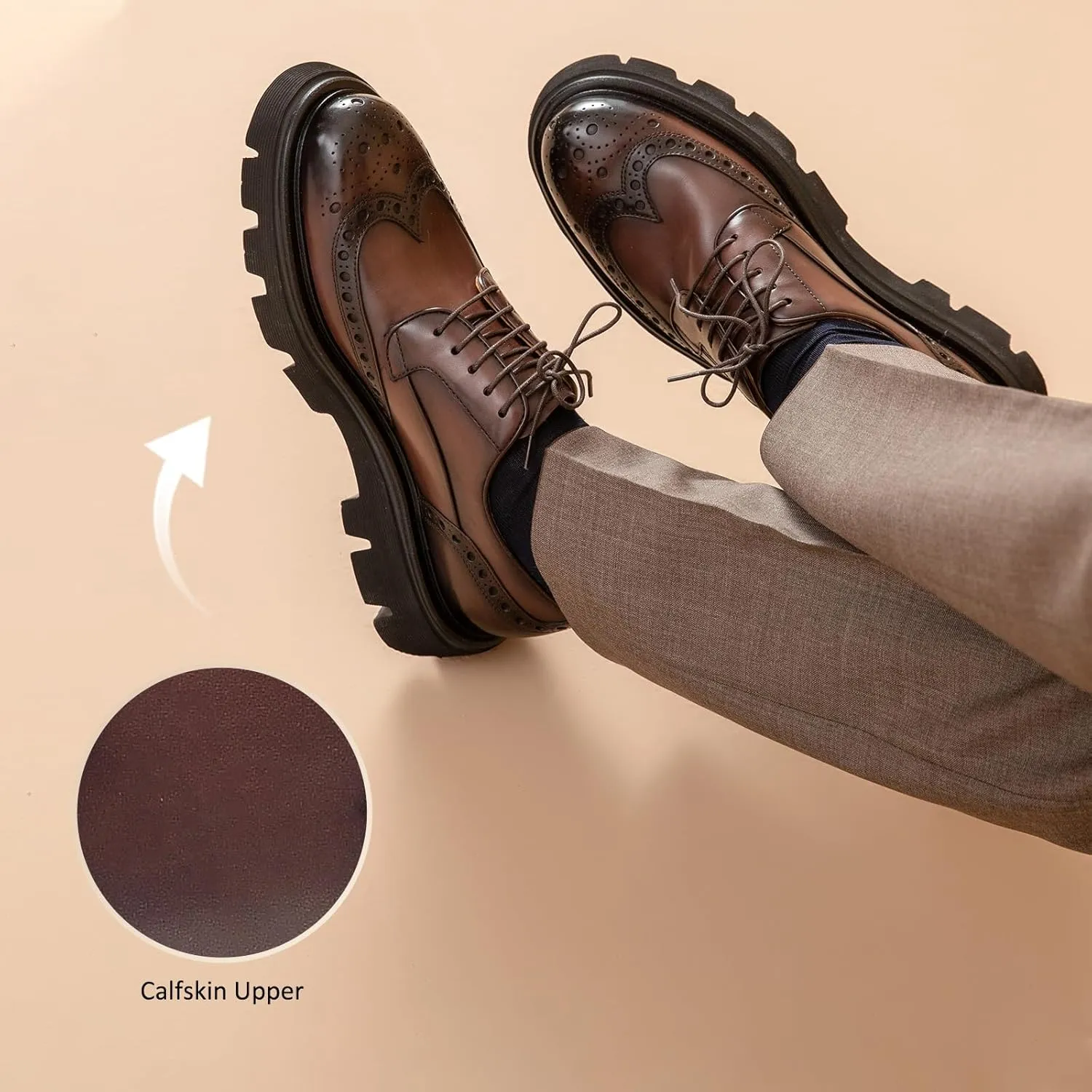 BEAU TODAY Men's Dress Shoes Business Casual Oxford Shoes Genuine Leather Brogue Wingtip Oxfords Classic Comfortable Lace-up Derby Shoes