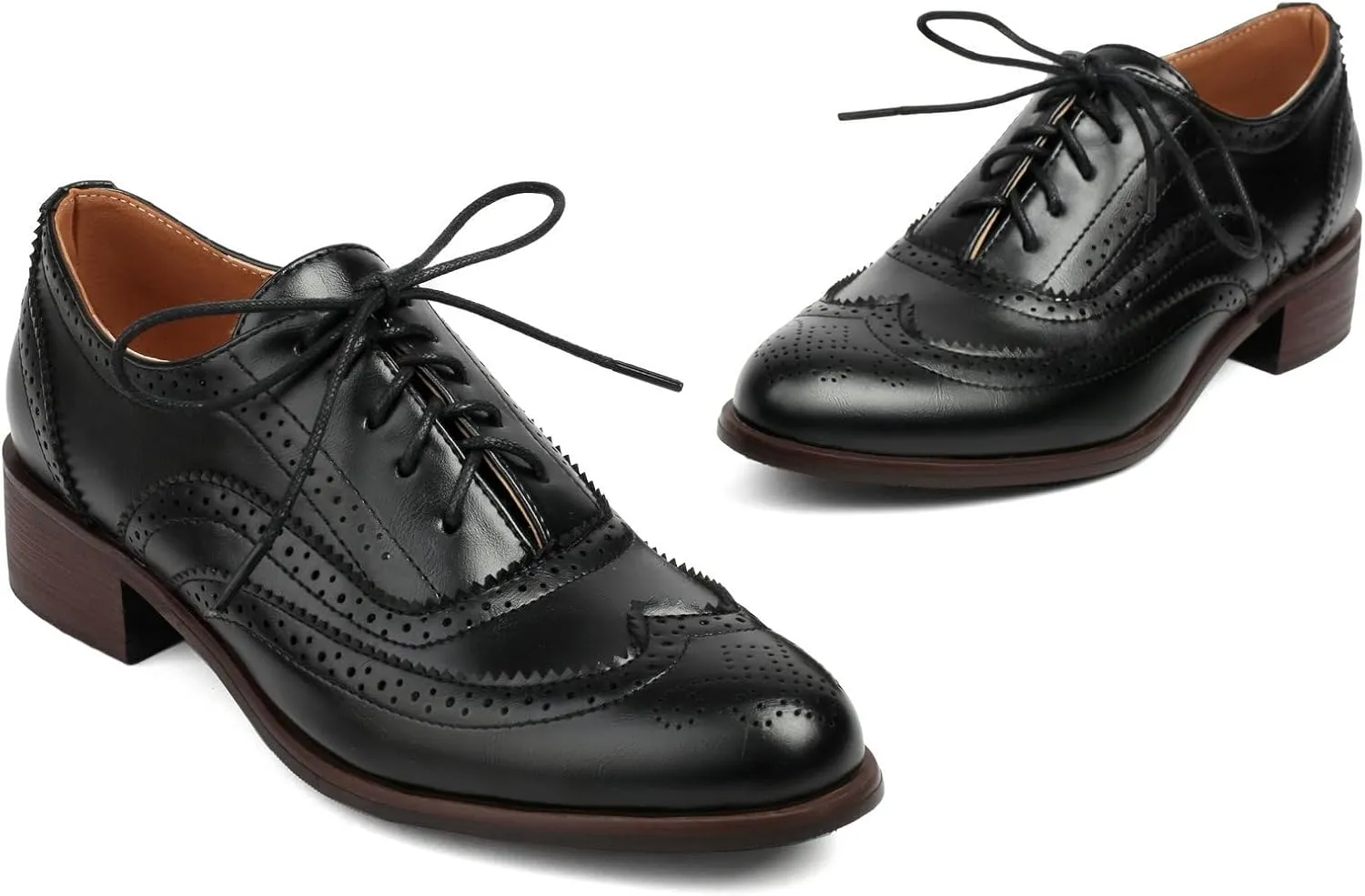 Betastella Womens Lace Up Wingtip Oxford Shoes Vintage Brogue Oxfords Round Toe Chunky Low Heel Pumps Shoes