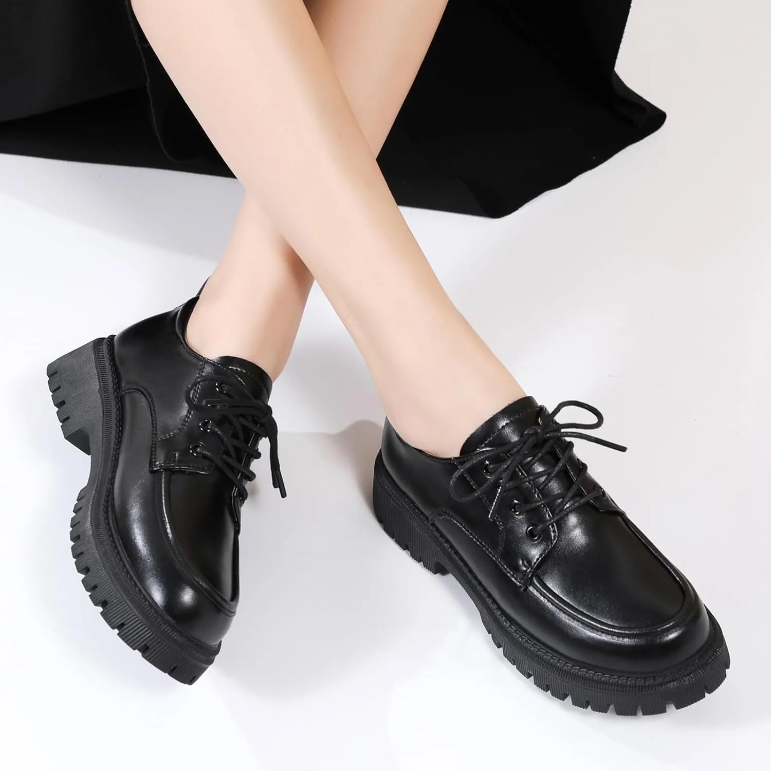 Black Oxford Shoes for Women Platform Chunky Patent Leather Shoes for Women's Classic Comfortable Business Casual Work
