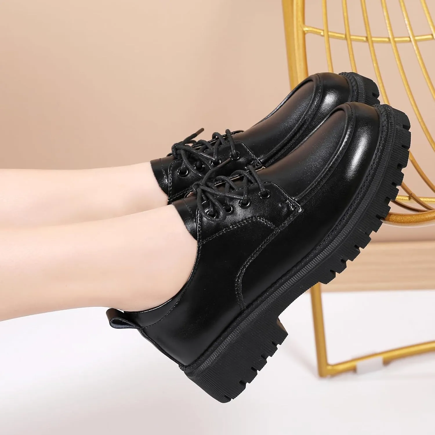 Black Oxford Shoes for Women Platform Chunky Patent Leather Shoes for Women's Classic Comfortable Business Casual Work