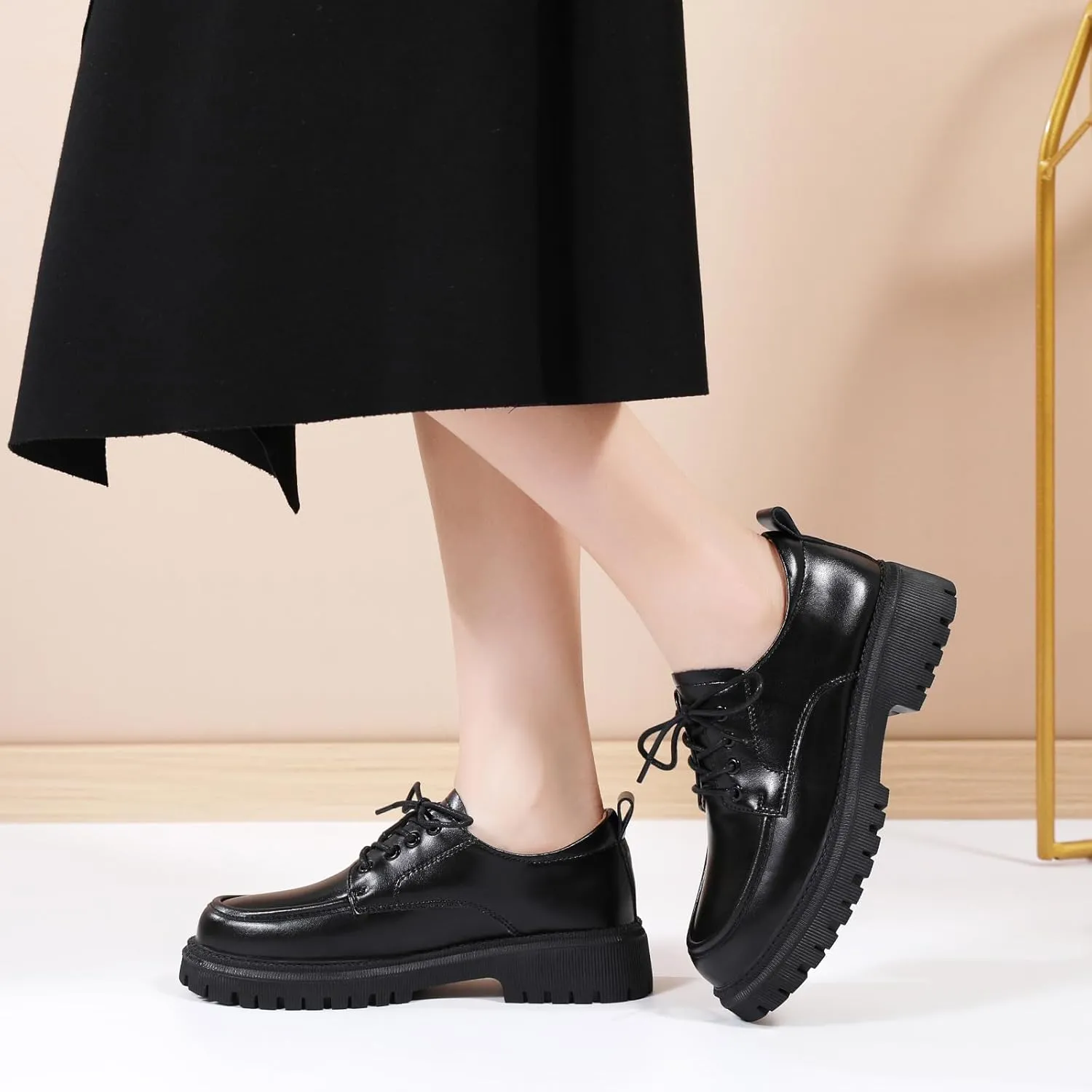Black Oxford Shoes for Women Platform Chunky Patent Leather Shoes for Women's Classic Comfortable Business Casual Work