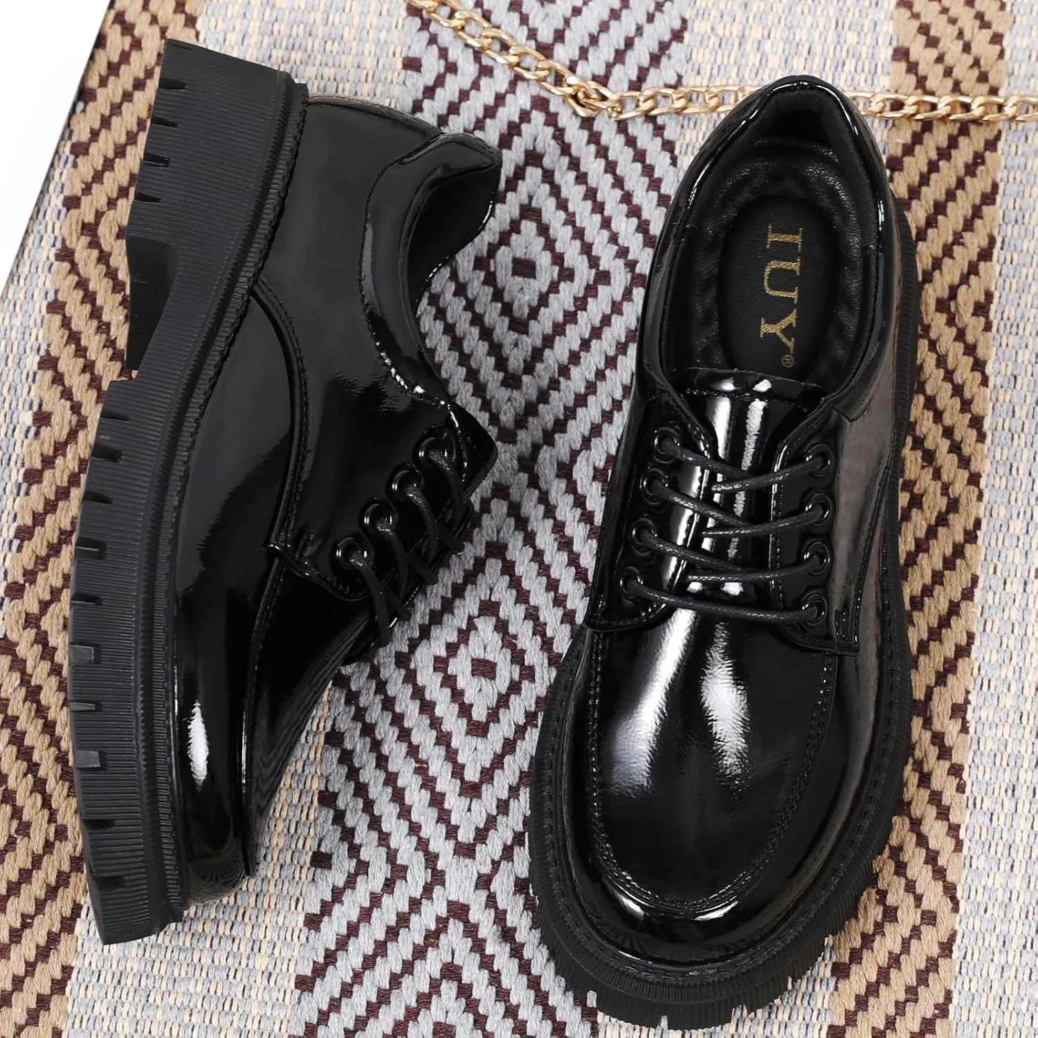 Black Oxford Shoes for Women Platform Chunky Patent Leather Shoes for Women's Classic Comfortable Business Casual Work
