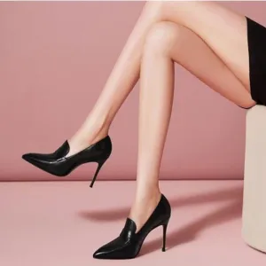 Black Women Stiletto High Heel Loafer Pumps with Trim Pointed Toe Slip On Shoes