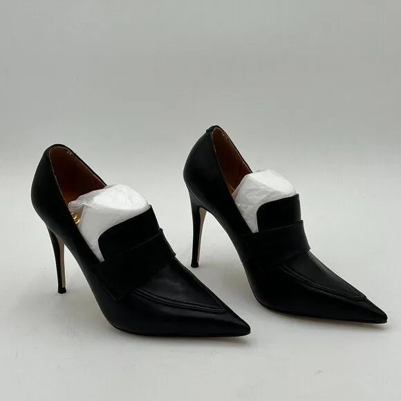 Black Women Stiletto High Heel Loafer Pumps with Trim Pointed Toe Slip On Shoes