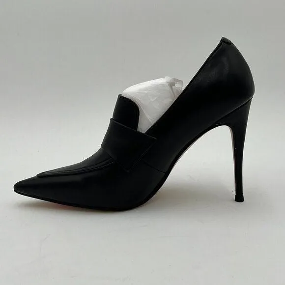 Black Women Stiletto High Heel Loafer Pumps with Trim Pointed Toe Slip On Shoes