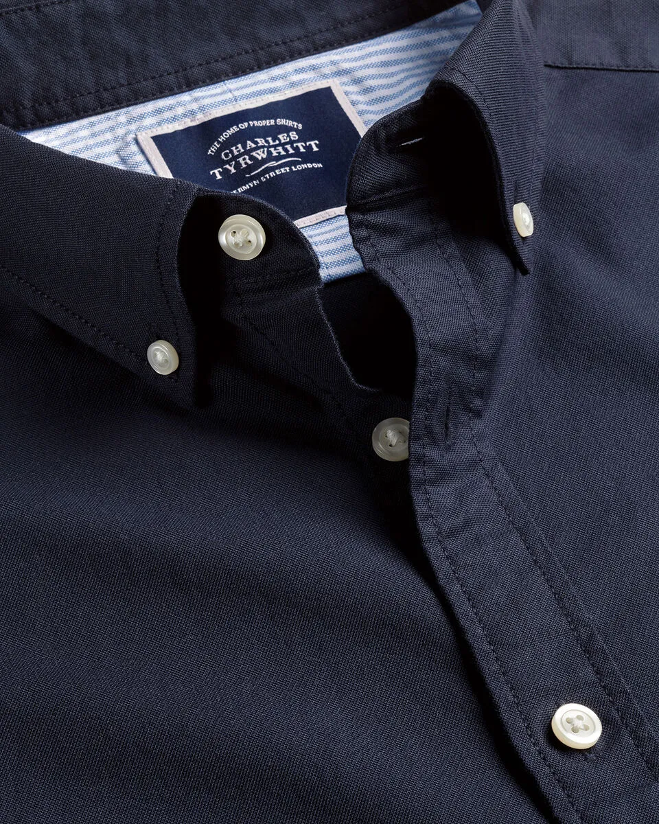 Button Down Collar Stretched Washed Oxford Slim Fit Shirt Navy