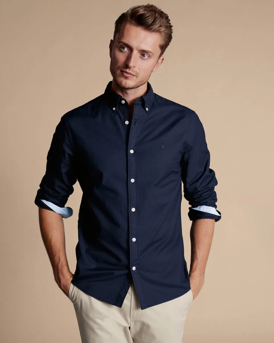 Button Down Collar Stretched Washed Oxford Slim Fit Shirt Navy