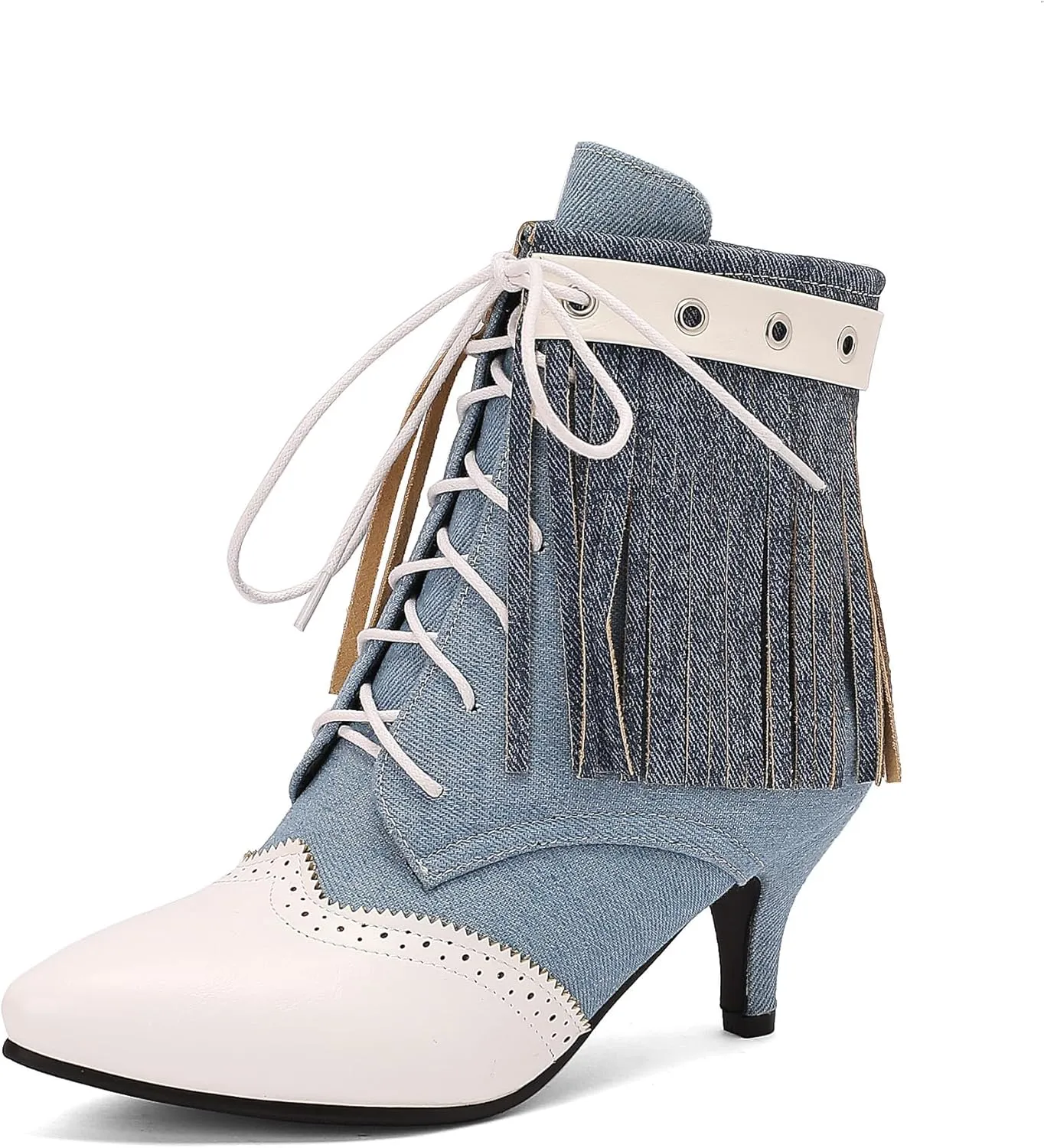 Caradise Women Vintage Fringe Ankle Boots Lace Up Mid Kitten Heel Sexy Pointed Toe Tassel Booties