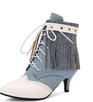 Caradise Women Vintage Fringe Ankle Boots Lace Up Mid Kitten Heel Sexy Pointed Toe Tassel Booties
