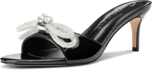 Castamere Round Open Toe Heeled Sandals for Women Rhinestone Double Bowknots Mid Kitten Heels Slip-on Dress Wedding Dating Heeled Mules 2.6 Inches Heels