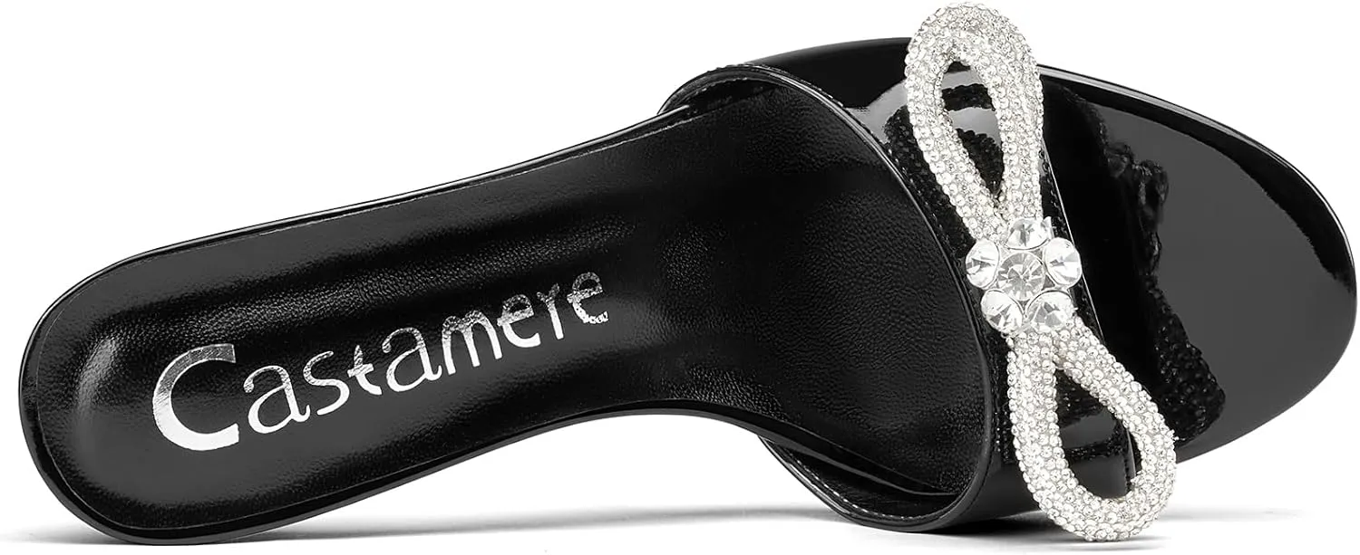 Castamere Round Open Toe Heeled Sandals for Women Rhinestone Double Bowknots Mid Kitten Heels Slip-on Dress Wedding Dating Heeled Mules 2.6 Inches Heels