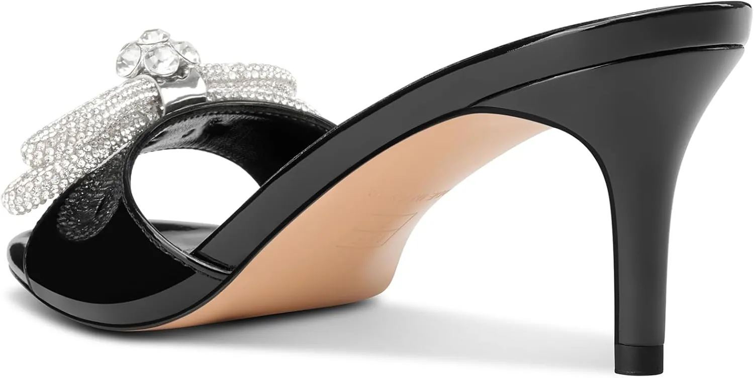 Castamere Round Open Toe Heeled Sandals for Women Rhinestone Double Bowknots Mid Kitten Heels Slip-on Dress Wedding Dating Heeled Mules 2.6 Inches Heels