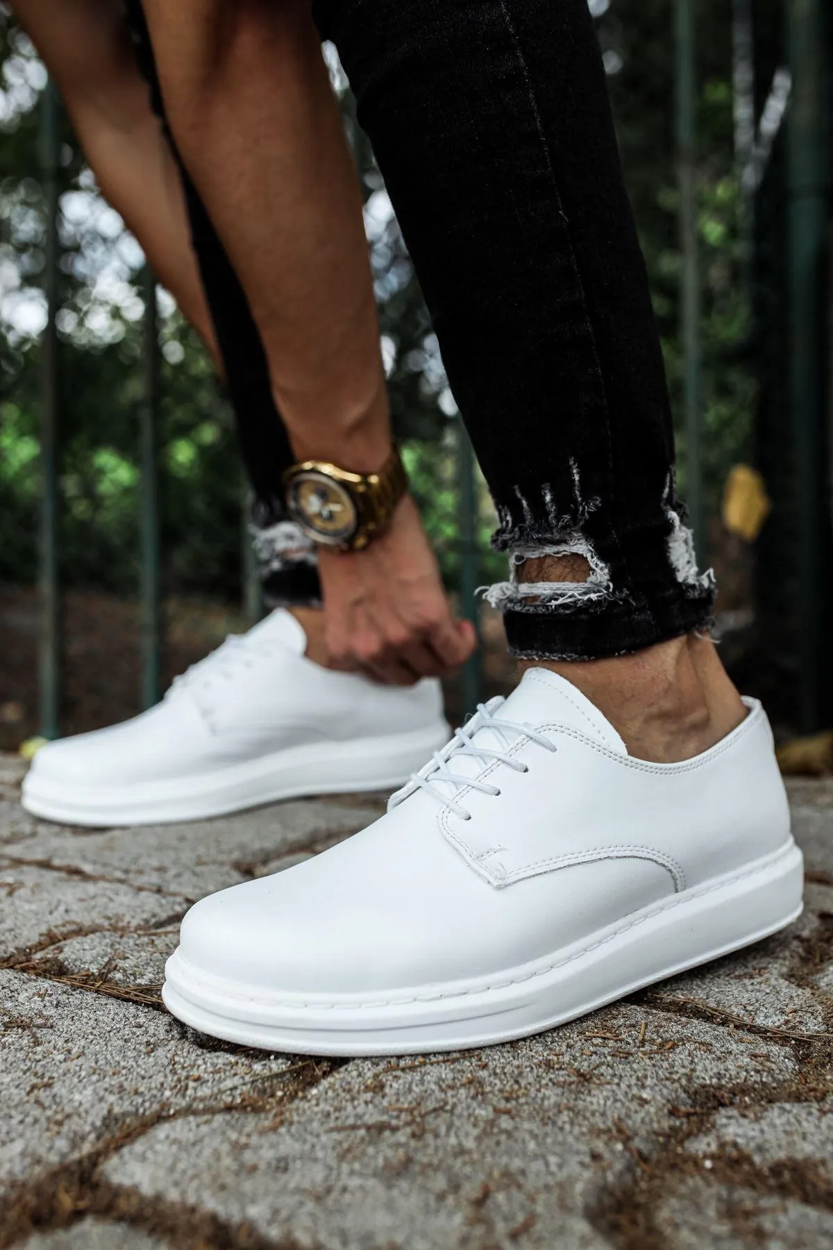 CH003 Men's Full White Matte Leather Casual Classic Sneaker Shoes