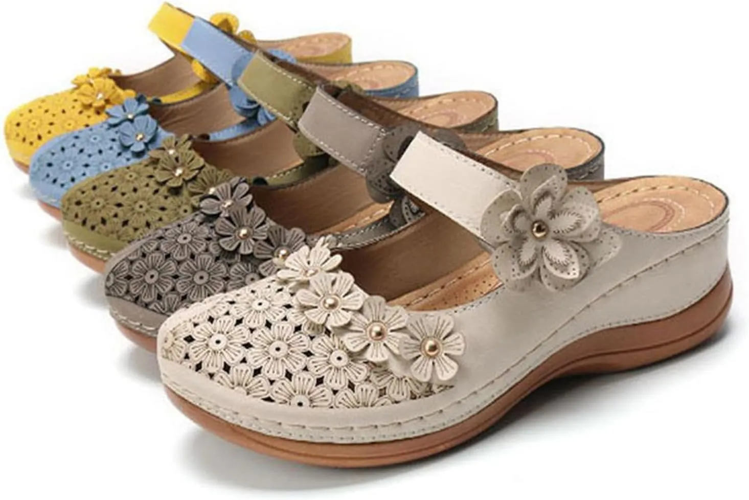 Clogs for Women Mules Shoes Comfortable Dressy Summer Closed Toe Wedge Sandals Fashion Hook and Loop Fastener Slipper Backless Low Wedge Slip On Shoes