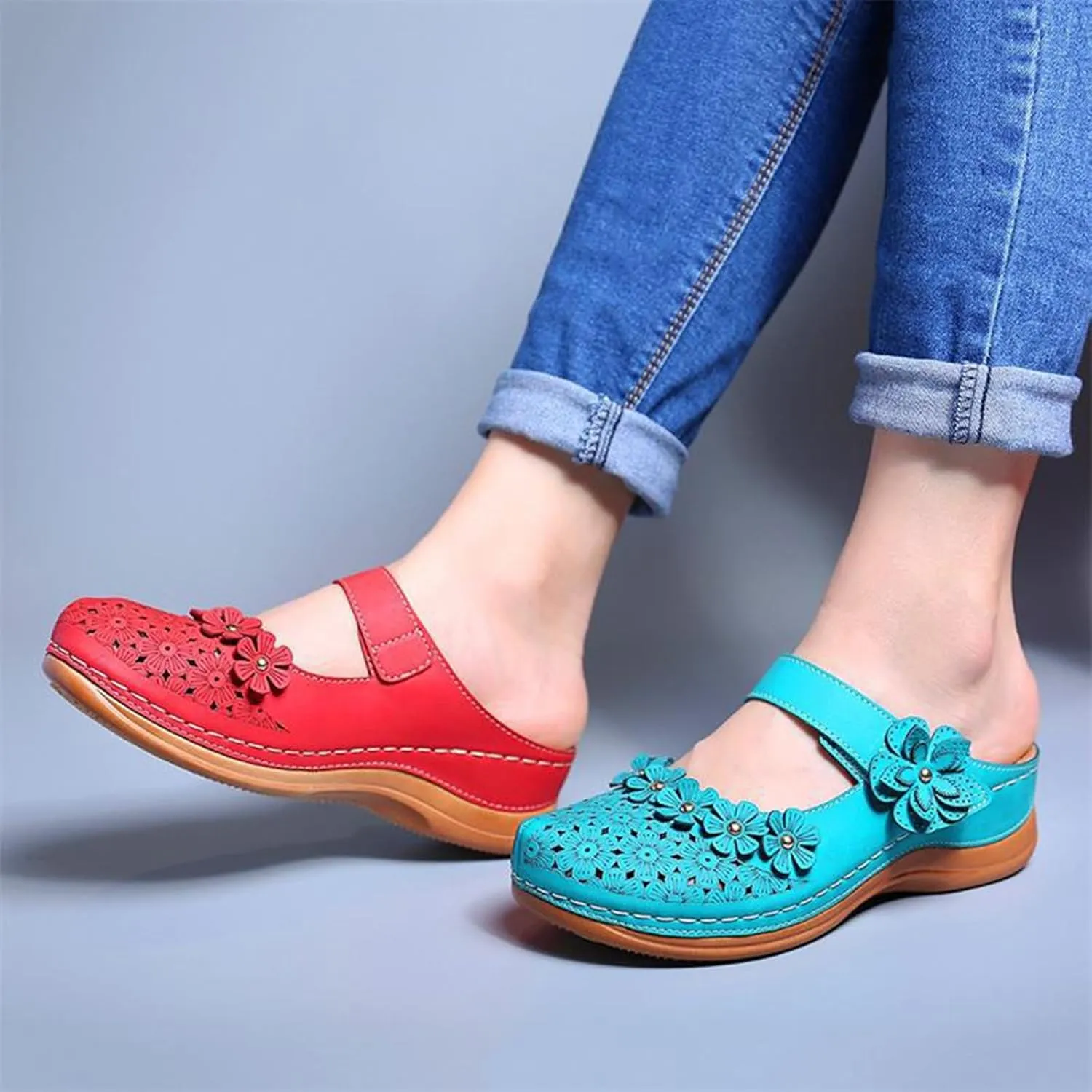 Clogs for Women Mules Shoes Comfortable Dressy Summer Closed Toe Wedge Sandals Fashion Hook and Loop Fastener Slipper Backless Low Wedge Slip On Shoes