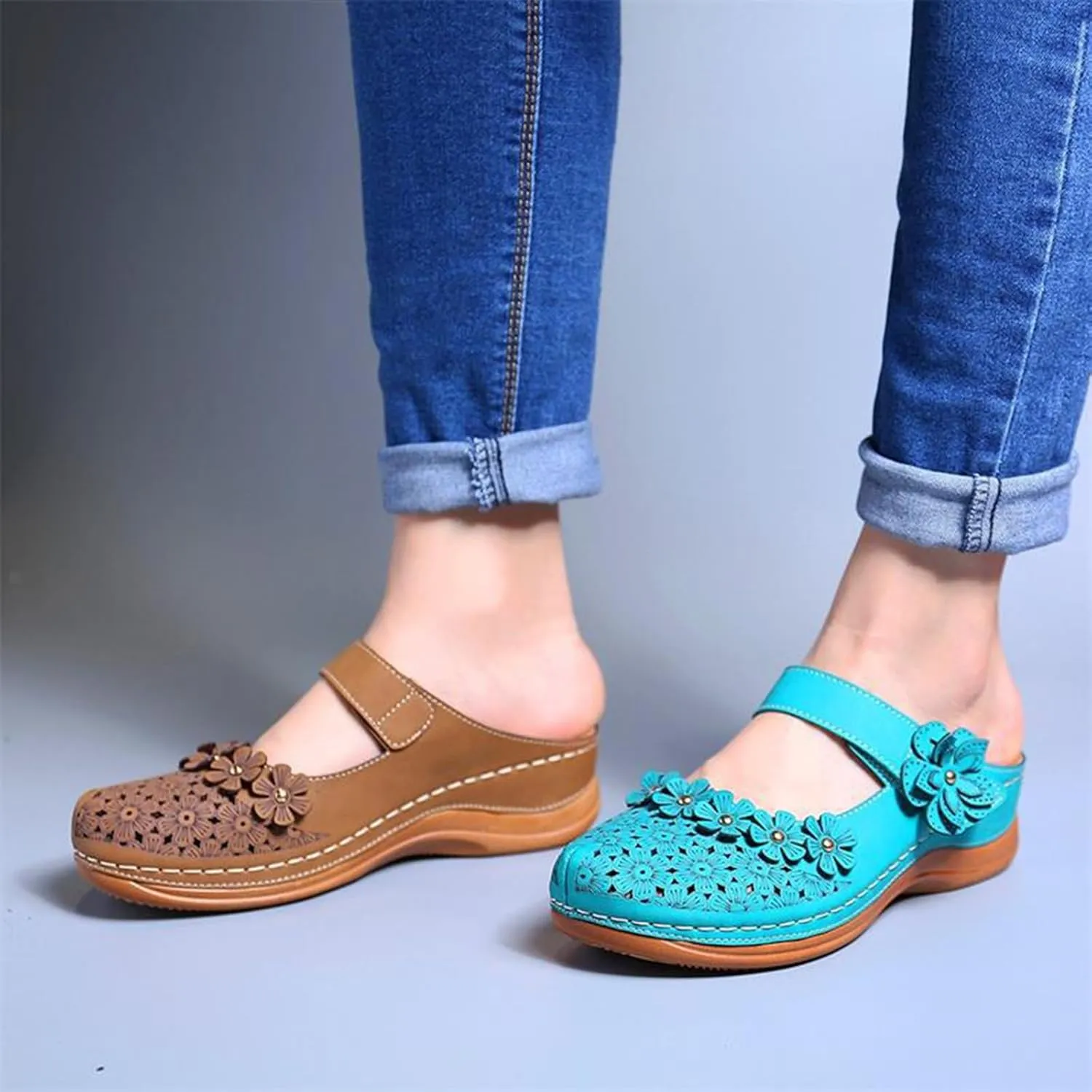 Clogs for Women Mules Shoes Comfortable Dressy Summer Closed Toe Wedge Sandals Fashion Hook and Loop Fastener Slipper Backless Low Wedge Slip On Shoes