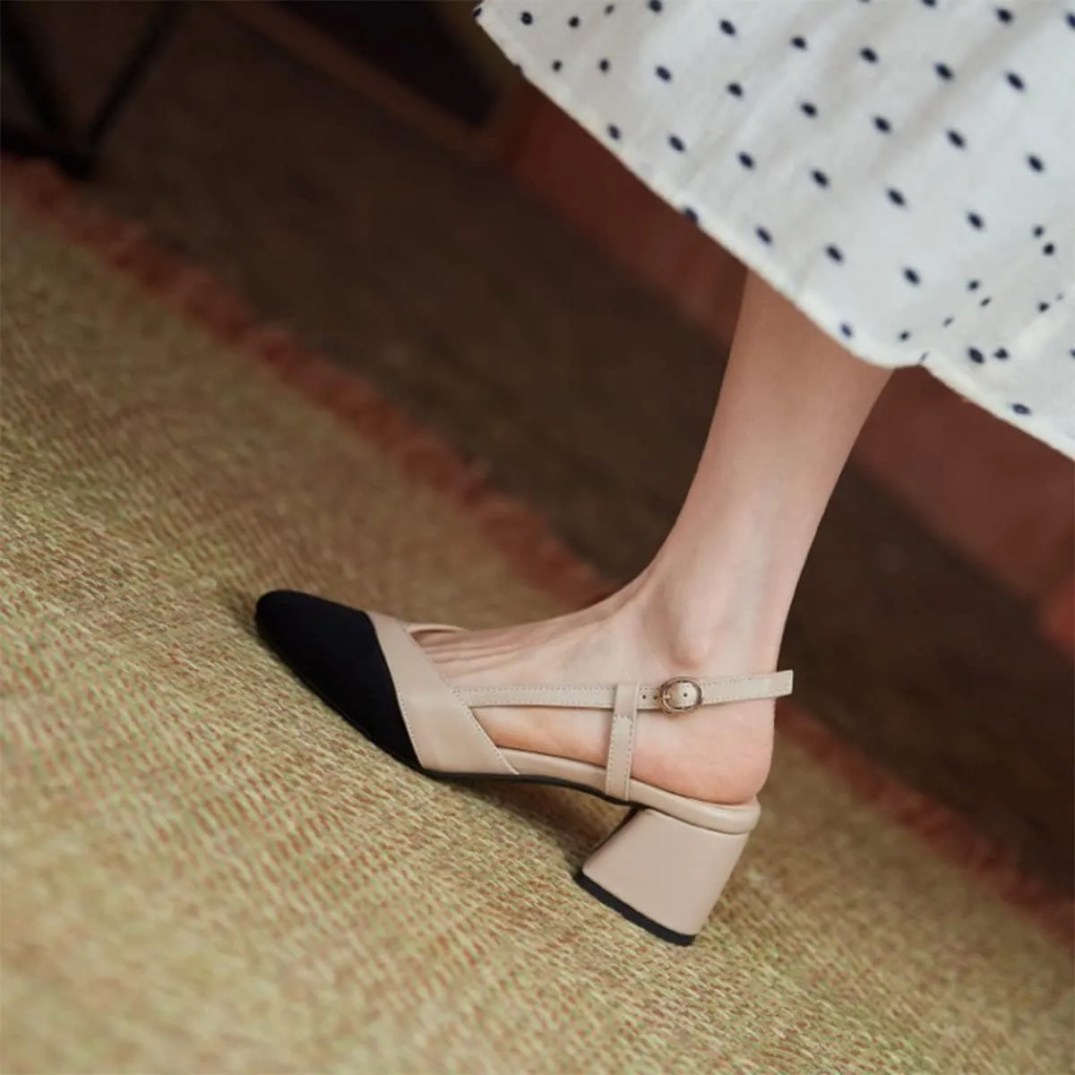 CoceMoce Classic Chunky Block Heel Pumps for Women 2 Inch Pointed Closed Toe Slingback Ankle Strap Dress Shoes with Buckle Prom Work Office Dating Church